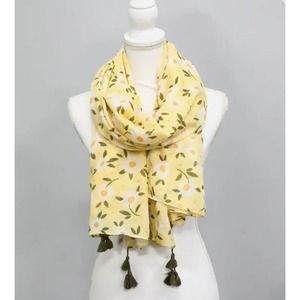 Yellow White Cottage Floral Design Lightweight Tasseled Scarf
